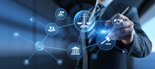 Choate Law provides a balanced approach to your business needs. Image of a person in a suit with bubbles representing people, books, scales of justice.